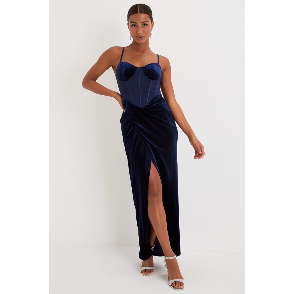 Alluring Icon Navy Velvet Bustier Maxi Dress NWOT